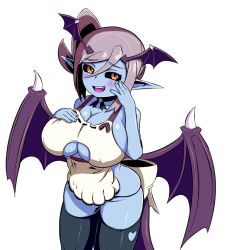 Rule 34 | 1girl, :d, apron, bare shoulders, black sclera, black thighhighs, blue skin, blush, breasts, cleavage, clothing cutout, colored sclera, colored skin, demon girl, demon wings, devil (monster girl encyclopedia), grey hair, hair between eyes, hand on own chest, hand on own face, head wings, huge breasts, looking at viewer, monster girl, monster girl encyclopedia, monster girl encyclopedia ii, nav (itsnav), nearly naked apron, neck ribbon, open mouth, orange eyes, panties, pointy ears, ribbon, short hair, side ponytail, simple background, smile, solo, string panties, tail, thighhighs, underboob cutout, underwear, white background, wings