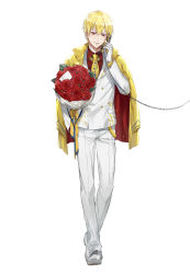 Rule 34 | 1boy, adapted costume, blonde hair, bouquet, chain, corded phone, earrings, ekita kuro, fate/grand order, fate (series), flower, formal, full body, gilgamesh (fate), gloves, highres, holding, holding phone, jacket, jewelry, letter, lock, lock earrings, long sleeves, looking at viewer, male focus, necktie, pants, parted lips, phone, red eyes, red flower, red rose, red shirt, rose, shirt, shoes, simple background, smile, solo, standing, suit, talking on phone, white background, white footwear, white gloves, white jacket, white pants, wing collar, yellow necktie