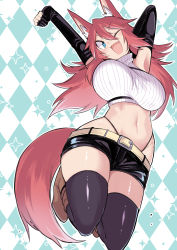 Rule 34 | 1girl, absurdres, animal ear fluff, animal ears, argyle, argyle background, argyle clothes, armpits, arms up, black gloves, black panties, black shorts, black thighhighs, blue eyes, boots, breasts, brown footwear, elbow gloves, fang, fingerless gloves, firo (shun soku), fox ears, fox girl, fox tail, gloves, hair between eyes, highleg, highleg panties, highres, large breasts, long hair, looking at viewer, midriff, navel, one eye closed, original, panties, red hair, short shorts, shorts, shun soku, sleeveless, solo, tail, thighhighs, unaligned breasts, underwear