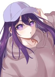 Rule 34 | 1girl, adjusting clothes, adjusting headwear, baseball cap, collarbone, commentary, floating hair, grey hoodie, hair between eyes, hat, highres, hood, hoodie, hoshino ai (oshi no ko), long hair, long sleeves, looking at viewer, nm (nmxmil), open mouth, oshi no ko, purple eyes, purple hair, sidelocks, simple background, solo, star-shaped pupils, star (symbol), symbol-shaped pupils, upper body, variant set, white background