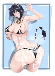 Rule 34 | 1girl, abs, absurdres, animal ears, areola slip, arm up, armpits, back, black eyes, black hair, blush, breasts, character request, cow ears, cow horns, highres, horns, huge breasts, large breasts, looking at viewer, looking back, muscular, muscular female, solo, suggestive fluid, sweat, tagme, tomboy, tomodachi (tomofanart), toned