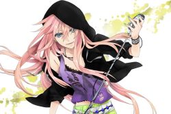 Rule 34 | 1girl, blue eyes, bracelet, camisole, hood, hoodie, jewelry, kyo zip, long hair, megurine luka, microphone, microphone stand, nail polish, necklace, paint splatter, pink hair, solo, spiked bracelet, spikes, torn clothes, vocaloid