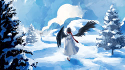 Rule 34 | 1girl, black hair, black wings, commentary request, forest, from behind, full body, geta, hat, highres, ln (xhds7875), long sleeves, nature, outdoors, pine tree, pom pom (clothes), red footwear, red scarf, scarf, shameimaru aya, short hair, snow, solo, tengu-geta, tokin hat, torii, touhou, tree, wide shot, wide sleeves, wings, winter