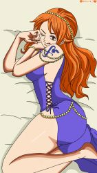Rule 34 | 1girl, alternate costume, ass, breasts, brown eyes, darkuro 27, dress, female focus, highres, long hair, lying, nami (one piece), nami (one piece) (post-timeskip), nami (one piece) (zou), official alternate costume, one piece, orange hair, revealing clothes, short dress, tattoo, very long hair, wide hips