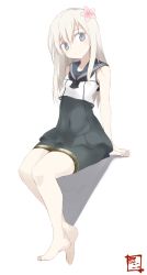 Rule 34 | 10s, 1girl, bad id, bad twitter id, bike shorts, black dress, blonde hair, blue eyes, blush, cosplay, covered navel, crop top, dress, flower, hair flower, hair ornament, invisible chair, kantai collection, long hair, ro-500 (kancolle), ro-500 (kancolle) (cosplay), school uniform, serafuku, shadow, shigino sohuzi, simple background, sitting, sleeveless, smile, solo, swimsuit, swimsuit under clothes, thigh strap, u-511 (kancolle), white background
