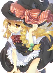 Rule 34 | 1girl, absurdres, apron, blonde hair, blush, bow, braid, broom, broom riding, brown eyes, chromatic aberration, g-buri, hair bow, hat, hat ribbon, highres, kirisame marisa, light particles, long hair, looking at viewer, open mouth, puffy sleeves, ribbon, shirt, short sleeves, side braid, simple background, single braid, skirt, skirt set, smile, solo, star (symbol), touhou, vest, waist apron, white background, witch hat