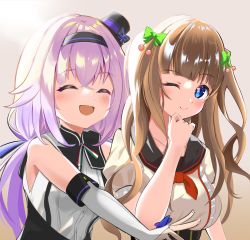 Rule 34 | .live, 2girls, blue eyes, blush, breasts, brown hair, carro pino, commentary request, detached sleeves, hair ornament, hair ribbon, headband, highres, kakyouin chieri, looking at viewer, multiple girls, one eye closed, purple hair, ribbon, simple background, sleeveless, smile, virtual youtuber