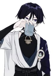 Rule 34 | 1boy, commentary, cup, drinking, eyeshadow, genshin impact, highres, holding, holding cup, looking to the side, makeup, male focus, no6 gnsn, purple eyes, purple hair, red eyeshadow, scaramouche (genshin impact), short hair, simple background, solo, symbol-only commentary, wanderer (genshin impact), white background