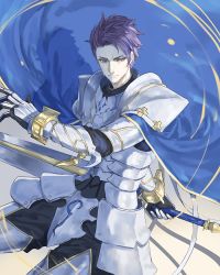 Rule 34 | 1boy, armor, arondight (fate), blue cape, cape, fate/grand order, fate (series), holding, holding sword, holding weapon, knight, lancelot (fate/grand order), looking away, male focus, manly, purple eyes, purple hair, solo, sword, weapon, white armor, yepnean
