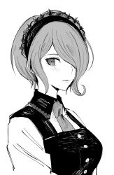 Rule 34 | 1girl, absurdres, blush, bojue (hakus 1128), breasts, buttons, danganronpa (series), danganronpa v3: killing harmony, dress, grey background, greyscale, hair over one eye, highres, large breasts, long sleeves, maid, maid headdress, monochrome, necktie, parted lips, short hair, simple background, smile, solo, teeth, tojo kirumi, upper body