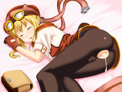 Rule 34 | 1girl, after vaginal, aftersex, ass, bed sheet, blonde hair, blush, brown pantyhose, cleft of venus, closed eyes, cum, cum in pussy, cumdrip, eiyuu densetsu, falcom, gloves, goggles, hat, hou (hachiyou), lying, on side, open mouth, pantyhose, pussy, smile, solo, sora no kiseki, sweat, tears, thighs, tita russell, torn clothes, torn pantyhose, uncensored