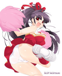 Rule 34 | 1girl, akatsuki alut, ass, black hair, bouncing breasts, bow, breasts, cheerleader, impossible clothes, impossible shirt, large breasts, long hair, mel/a, original, panties, pantyshot, pom pom (cheerleading), red eyes, shirt, skirt, smile, solo, trefoil, underwear, upskirt, white panties