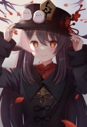 Rule 34 | 1girl, bird, black hat, black nails, branch, brown coat, brown hair, coat, collared shirt, falling petals, flower, genshin impact, hair between eyes, hands on headwear, hat, hat flower, highres, hu tao (genshin impact), jewelry, long hair, looking at viewer, multiple rings, nail polish, nasii, petals, red eyes, red shirt, ring, shirt, simple background, smile, solo, symbol-shaped pupils, twintails, upper body