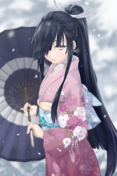 Rule 34 | 10s, 1girl, akeome, alternate hairstyle, artist name, black hair, blurry, depth of field, happy new year, hayashimo (kancolle), highres, japanese clothes, kantai collection, kimono, long hair, looking at viewer, new year, obi, oil-paper umbrella, pink eyes, ponytail, rokuwata tomoe, sash, sidelocks, snowing, solo, umbrella, very long hair
