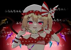 Rule 34 | 1girl, :d, agekara km, alternate costume, black background, blonde hair, bow, commentary, danmaku comments, fingernails, flandre scarlet, flat chest, hair bow, hair ornament, hat, internet survivor, long fingernails, looking at viewer, mob cap, one side up, open mouth, polka dot, red eyes, red nails, short hair, smile, solo, touhou, upper body, white hat, x hair ornament