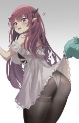 Rule 34 | !?, 1girl, absurdres, artist name, ass, black pantyhose, blue eyes, blush, breasts, clothes lift, cowboy shot, dated, dress, dress lift, empire waist, frilled dress, frills, from behind, gradient background, grey background, hakos baelz, halo, heterochromia, highres, hololive, hololive english, horns, irys (casualrys) (hololive), irys (hololive), large breasts, long hair, looking at another, looking back, open mouth, panties, panties under pantyhose, pantyhose, pointy ears, red eyes, red hair, sleeveless, sleeveless dress, solo focus, thighband pantyhose, underwear, vanillafox2035, virtual youtuber, white background, white dress, white panties