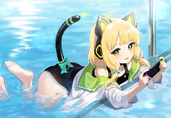 Rule 34 | 1girl, :d, absurdres, animal ear headwear, animal ears, ass, bada (jksh5056), bare shoulders, barefoot, black one-piece swimsuit, blonde hair, blue archive, blue bow, blush, bow, commentary request, day, fake animal ears, green eyes, green sailor collar, hair bow, halo, highres, holding, long hair, long sleeves, looking at viewer, midori (blue archive), nintendo switch, one-piece swimsuit, open clothes, open mouth, open shirt, outdoors, sailor collar, shirt, smile, soles, solo, swimsuit, swimsuit under clothes, tail, water, white shirt