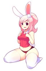 Rule 34 | 1girl, animal ear fluff, animal ears, black eyes, rabbit ears, rabbit tail, fiz (fizintine), fizintine, highres, kneeling, long hair, navel, open mouth, original, pink hair, ponytail, rabbit girl, sitting, solo, tail, thick thighs, thighs, white background