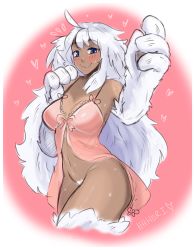Rule 34 | 1girl, absurdres, ahoge, animal hands, babydoll, blue eyes, blush, breasts, camisole, closed mouth, commentary, cowboy shot, dark-skinned female, dark skin, english commentary, hands up, heart, hhhori, highres, large breasts, long hair, looking at viewer, monster girl, monster girl encyclopedia, pink background, signature, smile, solo, standing, sweatdrop, very long hair, white hair, yeti (monster girl encyclopedia)