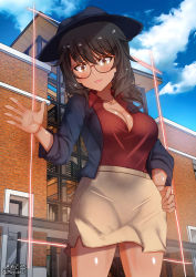 Rule 34 | 1girl, andou (girls und panzer), black hair, black hat, blush, breasts, cleavage, collarbone, girls und panzer, glasses, hand on own hip, hat, highres, jewelry, large breasts, looking at viewer, megadeko, miniskirt, necklace, open mouth, outdoors, shiny skin, skirt, sky, smile, solo, yellow eyes