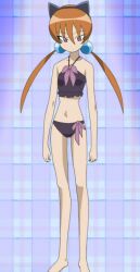Rule 34 | absurdres, alisa southerncross, animal ears, bikini, cat ears, collarbone, full body, hair ornament, headband, highres, keroro gunsou, orange hair, plaid, plaid background, purple background, ribbon, solo, stitched, swimsuit, third-party edit, twintails