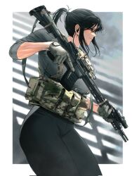 Rule 34 | 1girl, ammunition pouch, ar-15, black eyes, black hair, earphones, flashlight, gun, highres, looking to the side, maxturbo69, optical sight, original, pants, ponytail, pouch, rifle, short sleeves, smile, solo, walkie-talkie, weapon