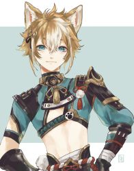 Rule 34 | 1boy, animal ears, aqua eyes, armor, bandages, closed mouth, commentary request, dog boy, dog ears, genshin impact, gloves, gorou (genshin impact), hair ornament, highres, japanese armor, japanese clothes, light brown hair, looking at viewer, male focus, multicolored hair, paw print, pom pom (clothes), shiraishi (siraisi00), simple background, solo, streaked hair, tassel, two-tone background, upper body, white hair
