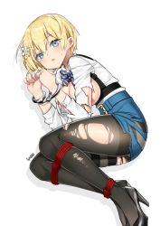 Rule 34 | 1girl, absurdres, bdsm, black footwear, black pantyhose, blonde hair, blue eyes, blue skirt, bondage, bound, breasts, breasts out, cuffs, girls&#039; frontline, goyain, hair ornament, high heels, highres, large breasts, looking at viewer, lying, mole, mole under eye, on side, pantyhose, restrained, rope, shirt, short hair, simple background, skirt, snowflake hair ornament, solo, torn clothes, torn pantyhose, torn shirt, torn skirt, vsk-94 (girls&#039; frontline), white background, white shirt