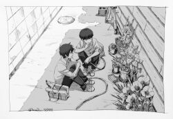 Rule 34 | 2boys, bag, bicycle, border, bottle, brick wall, brothers, cactus, collared shirt, day, eokonuzu, flower, from above, garden, greyscale, holding, holding hose, hose, kageyama ritsu, kageyama shigeo, knees up, long sleeves, looking ahead, looking to the side, male focus, mob psycho 100, monochrome, multiple boys, on ground, pants, plant, potted plant, school bag, school uniform, shade, shirt, shoes, short hair, siblings, sitting, sleeves rolled up, smile, sneakers, vines, water bottle, wooden wall
