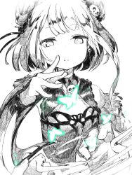 Rule 34 | 1girl, black bow, blunt bangs, bow, bug, butterfly, detached sleeves, double bun, earrings, foreshortening, greyscale, hair bow, hair bun, hairband, highres, hololive, insect, jewelry, looking at viewer, monochrome, outstretched arm, pov, shima (sh1mamu), simple background, skull collar, skull earrings, solo, spot color, upper body, uruha rushia, uruha rushia (1st costume), virtual youtuber, whirlwind, white background