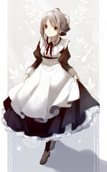 Rule 34 | 1girl, ahoge, apron, black dress, black legwear, breasts, coffee beans, commentary request, dress, full body, gradient background, highres, maid, maid apron, mole, mole under eye, original, shadow, short hair with long locks, sidelocks, silver hair, skirt hold, small breasts, solo, spoon, standing, two-tone background, white apron, yuzuyomogi