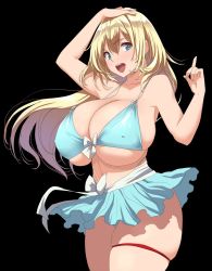 Rule 34 | 10s, 1girl, aqua eyes, atago (kancolle), bikini, black background, blonde hair, blue bikini, breasts, highres, huge breasts, kantai collection, kloah, looking at viewer, simple background, smile, solo, swimsuit, thighs
