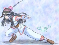 Rule 34 | 1girl, ainu clothes, artist name, black hair, breasts, fighting stance, fingerless gloves, gloves, grey eyes, hair ribbon, highres, legs, long hair, looking at viewer, nakoruru, outstretched arm, pants, ribbon, samurai spirits, serious, small breasts, snk, solo, sword, the king of fighters, thighs, traditional media, weapon