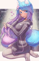Rule 34 | 1girl, absurdres, album cover, animal ear fluff, animal ears, artist name, bad id, bad pixiv id, blue eyes, blue hair, breasts, commentary, cover, feet, fishnet legwear, fishnets, highres, hungrydurp, jacket, long hair, nail polish, no shoes, pink hair, silvervale, soles, tail, virtual youtuber, vshojo, wolf ears, wolf girl, wolf tail