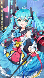 Rule 34 | 1girl, :d, ahoge, bad id, bad pixiv id, black sailor collar, blue bow, blue hair, blue skirt, bow, breasts, commentary request, detached sleeves, fingernails, frilled skirt, frills, green eyes, hair between eyes, hair ornament, hatsune miku, heart, highres, holding, long hair, long sleeves, looking at viewer, magical mirai (vocaloid), magical mirai miku, magical mirai miku (2018), medium breasts, megaphone, mo xiaoxue, open mouth, puffy long sleeves, puffy sleeves, round teeth, sailor collar, school uniform, serafuku, shirt, sidelocks, skirt, sleeveless, sleeveless shirt, sleeves past wrists, smile, solo, stage, stage lights, standing, star (symbol), teeth, twintails, upper teeth only, very long hair, vocaloid, white shirt, yellow bow