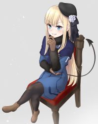 Rule 34 | 1girl, arm rest, beret, black pantyhose, blonde hair, blue dress, blue eyes, blunt bangs, blush, boots, brown gloves, brown pantyhose, capelet, crossed legs, demon tail, dress, fate (series), full body, gloves, grin, hat, head rest, highres, hime cut, long hair, long sleeves, looking away, lord el-melloi ii case files, on chair, pantyhose, pencil dress, reines el-melloi archisorte, scarf, sidelocks, sitting, smile, solo, straight hair, tail, tsurupy, v-shaped eyebrows