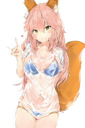 Rule 34 | 1girl, animal ear fluff, animal ears, arm behind back, bikini, blue bikini, blush, breasts, closed mouth, cowboy shot, fang, fang out, fate/grand order, fate (series), fox ears, fox shadow puppet, hair between eyes, heart, highres, large breasts, long hair, looking at viewer, navel, pink hair, see-through, shirt, silver (chenwen), simple background, smile, solo, swimsuit, t-shirt, tamamo (fate), tamamo no mae (fate/extra), tamamo no mae (swimsuit lancer) (fate), tamamo no mae (swimsuit lancer) (second ascension) (fate), wet, wet clothes, wet shirt, white background, yellow eyes