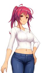 Rule 34 | 1girl, ahoge, arm at side, beelzebub (company), breasts, closed mouth, conveni shoujo z, denim, female focus, groin, hair between eyes, hand on own hip, high ponytail, jeans, legs, light smile, looking at viewer, matching hair/eyes, medium breasts, midriff, navel, original, pants, red eyes, red hair, shirt, smile, solo, tachi-e, thighs, transparent background, white shirt, yashima asaka