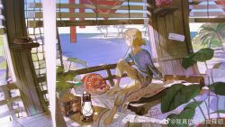 Rule 34 | 1boy, akihare, barefoot, bed, blanket, blonde hair, blue eyes, blue shirt, carpet, closed mouth, hand on railing, highres, horizon, island, knee up, lantern, light particles, link, long sleeves, male focus, medium hair, nintendo, ocean, palm tree, pants, pillow, plant, potted plant, profile, railing, shirt, sidelocks, sitting, solo, the legend of zelda, the legend of zelda: breath of the wild, tree, weibo logo, weibo watermark, window blinds, yellow pants