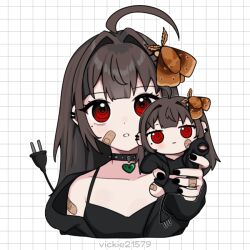 Rule 34 | 1girl, ahoge, animal, animal on head, bandaid, bandaid on arm, bandaid on cheek, bandaid on face, bandaid on hand, black jacket, black nails, black shirt, brown hair, bug, cable, cable tail, character doll, choker, collarbone, cropped torso, doll, electric plug tail, grid background, hair intakes, heart, holding, holding doll, insect, jacket, long hair, looking at viewer, mechanical tail, mole, mole under eye, moth, nail polish, on head, open clothes, open jacket, original, red eyes, ringed eyes, shirt, single bare shoulder, single off shoulder, sleeveless, sleeveless shirt, solo, spaghetti strap, spiked choker, spikes, tail, twitter username, upper body, vickie (cryingrobot), vickie (cryingrobot) (character), white background