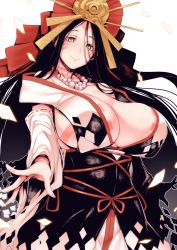 Rule 34 | 1girl, bead necklace, beads, black hair, breast curtains, breasts, commentary request, facial mark, fate/grand order, fate (series), fingernails, forehead, hair between eyes, headdress, highres, himiko (fate), himiko (third ascension) (fate), huge breasts, japanese clothes, jewelry, long hair, long hair between eyes, nakamura regura, necklace, no bra, smile, solo, tattoo, very long hair