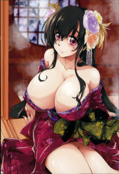 Rule 34 | 1girl, absurdres, bare shoulders, bath, black hair, blush, breasts, cleavage, collarbone, covered erect nipples, flower, hair flower, hair ornament, happy, highres, huge breasts, japanese clothes, kamino ryuuya, kimono, legs, long hair, looking at viewer, no bra, no panties, onsen, open clothes, original, pink eyes, pussy, shiny skin, sitting, smile, solo, steam, thighs, uncensored, water