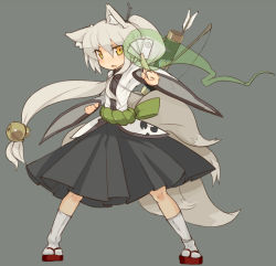 Rule 34 | 1girl, animal ears, arrow (projectile), bell, fox ears, fox tail, glowing, hair ornament, hair stick, holding, katsudansou, long hair, multiple tails, ofuda, open mouth, pleated skirt, ponytail, quiver, sandals, skirt, socks, solo, tail, very long hair, white hair, white socks, yellow eyes