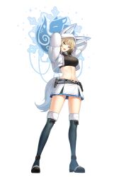 Rule 34 | 1girl, animal ears, arms behind head, arms up, belt, black footwear, black shirt, black thighhighs, blonde hair, blue eyes, boots, breasts, closers, crop top, cropped jacket, fake animal ears, fox ears, fox tail, full body, fur trim, gradient hair, harpy (closers), highres, hood, hooded jacket, jacket, large breasts, long sleeves, looking at viewer, midriff, miniskirt, multicolored hair, navel, non-web source, official art, open mouth, puffy sleeves, ribbed shirt, shirt, short hair, skirt, smile, solo, standing, stomach, tail, thigh boots, thighhighs, thighs, turtleneck, white jacket, white skirt, zettai ryouiki