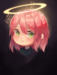 Rule 34 | 1girl, artist name, black shirt, blush, closed mouth, commentary, cropped shoulders, dated, english commentary, green eyes, hair between eyes, halo, kobutanori, looking at viewer, original, pink hair, shirt, smile, solo