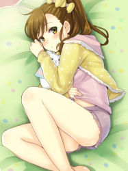 Rule 34 | 1girl, ass, bare legs, barefoot, bed sheet, blush, brown eyes, brown hair, courreges ace, futami mami, hair ornament, idolmaster, idolmaster (classic), legs, long hair, looking at viewer, lying, on side, polka dot, ponytail, sheet grab, shorts, solo, stuffed animal, stuffed toy