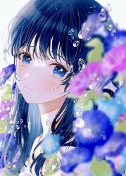 Rule 34 | 1girl, bare shoulders, blue eyes, blue flowers, blue hair, blurry, blurry foreground, blush, camisole, closed mouth, drinkyog, flower, from side, highres, long hair, looking at viewer, original, portrait, purple flower, simple background, solo, water drop, white background, white camisole