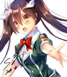 Rule 34 | 10s, 1girl, 2015, bad id, bad twitter id, brown hair, hair between eyes, hair ribbon, jacket, kantai collection, long hair, looking at viewer, open mouth, ribbon, saijou yukina, solo, tone (kancolle), twintails, white background, yellow eyes