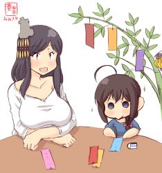 Rule 34 | 2girls, aged down, ahoge, alternate costume, artist logo, bamboo, black hair, blue eyes, blue shirt, braid, breasts, brown hair, child, collarbone, commentary request, dated, eraser, hair ornament, hair over shoulder, hair ribbon, highres, kanon (kurogane knights), kantai collection, large breasts, long sleeves, multiple girls, open mouth, pencil, red eyes, red ribbon, ribbon, shigure (kancolle), shirt, short hair, short sleeves, simple background, single braid, smile, tabard, tanabata, tanzaku, white background, white shirt, yamashiro (kancolle)