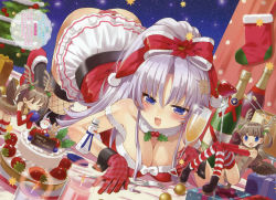 Rule 34 | 1girl, :d, absurdres, alcohol, all fours, antlers, ass, blue eyes, bow, breasts, cake, candle, champagne, character request, chiba sadoru, christmas tree, cleavage, closed eyes, dutch angle, eating, fishnets, food, fork, fruit, gift, gloves, highres, holly, horns, large breasts, long hair, mistletoe, open mouth, original, panties, pantyshot, reindeer, santa costume, silver hair, skirt, smile, solo, strawberry, striped clothes, striped thighhighs, thighhighs, underwear, upskirt, wings